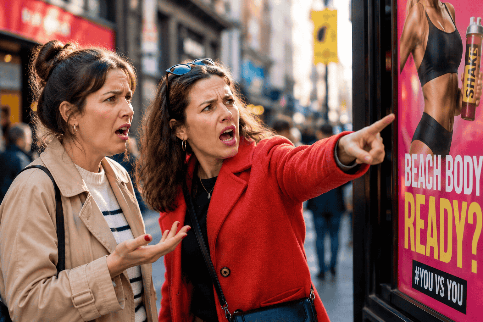 Zwei Frauen empören sich über Werbeplakat