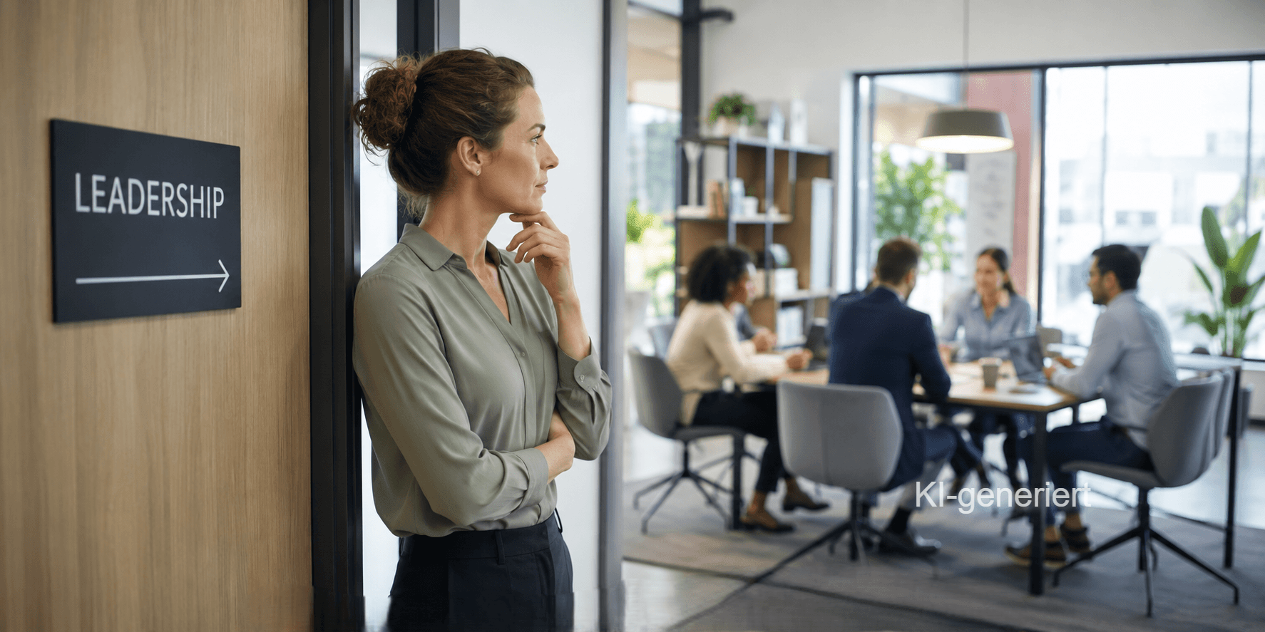 Frau steht zögernd vor Raum, in dem ein Führungskräfteteam rund um einen Tisch sitzt. Auf dem Türschild steht "Leadership"